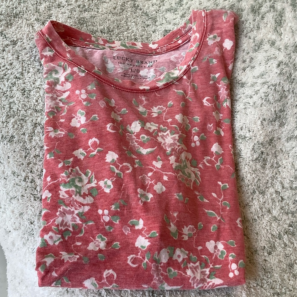 Lucky Brand Coral Pink mint ivory Floral Crewneck Tee NWT Size Large